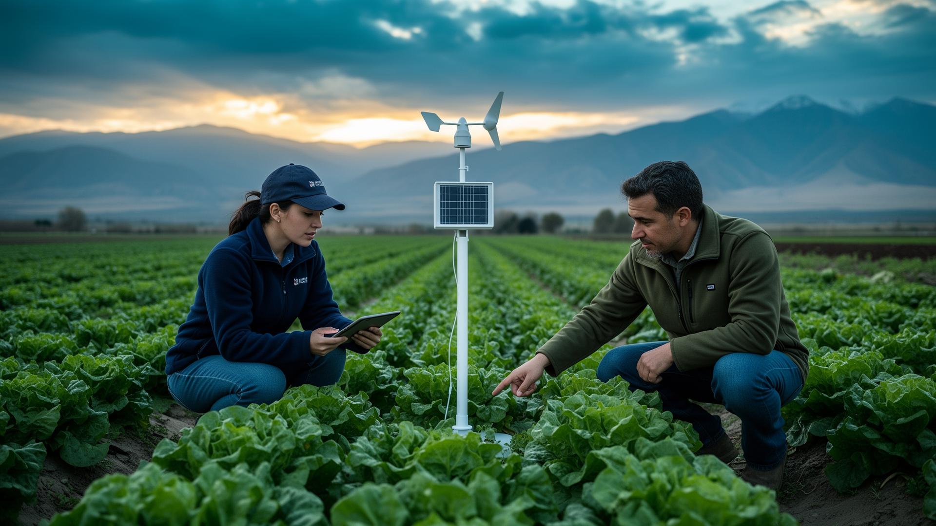 Equipo en terreno con estación meteorológica IoT en cultivo